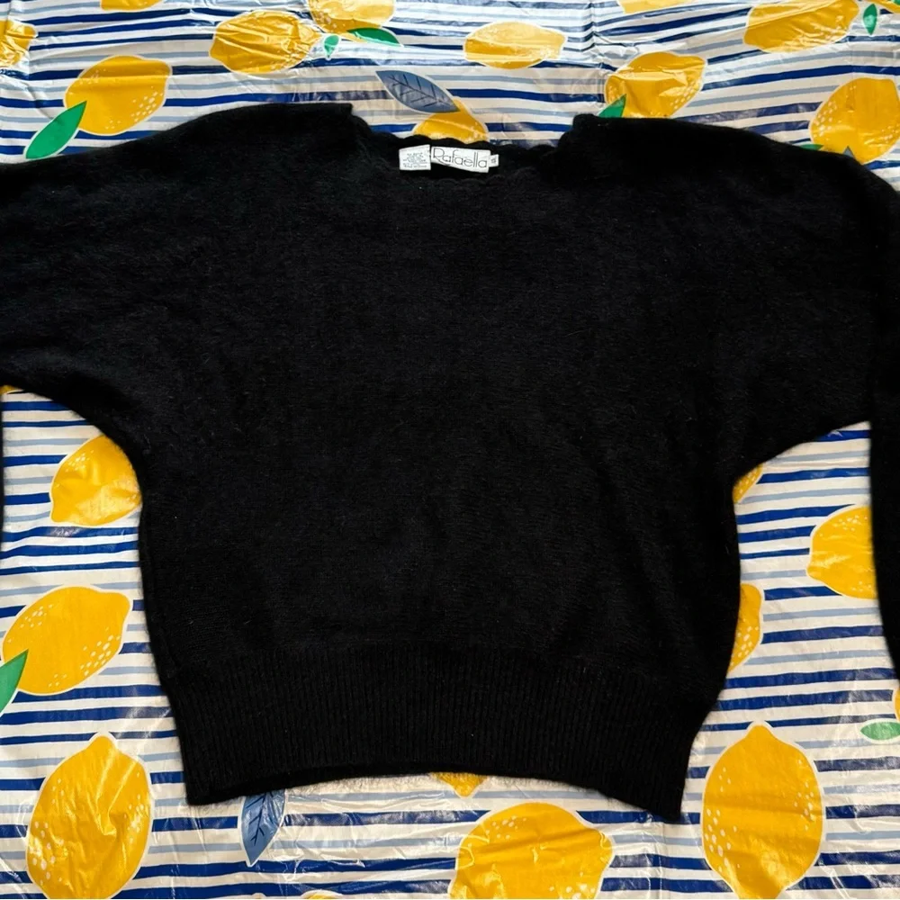 Vintage Rafaella Black Angora Wool Blend Sweater Scallop Neck SMALL Hong Kong - Picture 8 of 9
